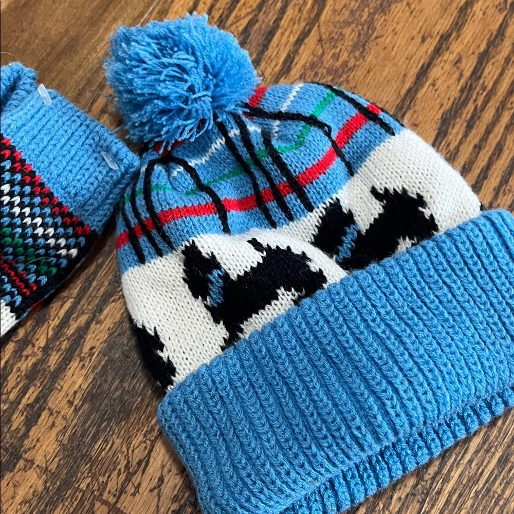 Blue and Multicolor Kids Winter Hat and Mittens Set Scottie dog